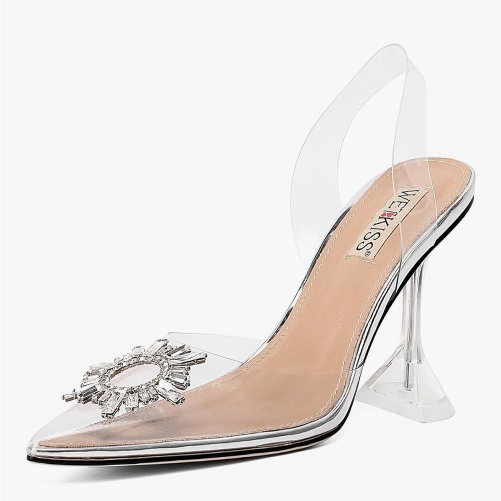 Wetkiss Clear Transparent Silver Heels Shoes with Rhinestones Size 9